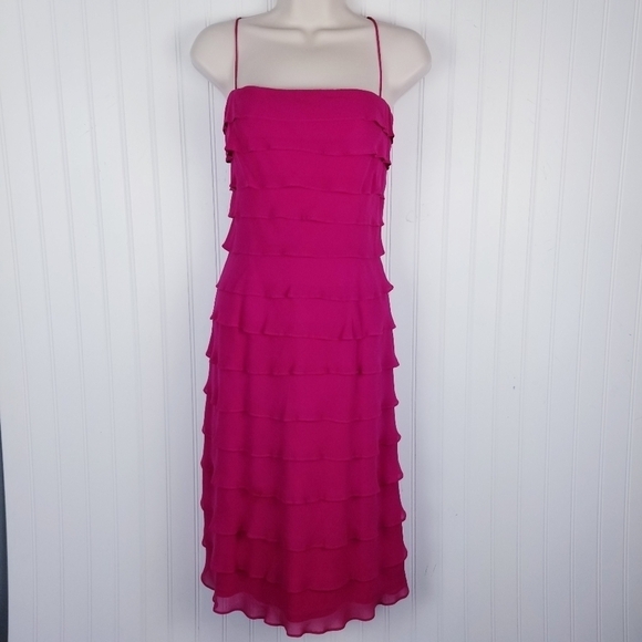 Tadashi Shoji Pink Silk Midi Dress Layered Ruffles Spaghetti Straps Small Vintag - Picture 3 of 10